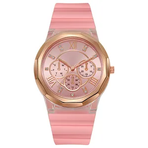 Modische Damenarmbanduhr aus rosa Silikon mit Roségold-Lünette und Strass-Zifferblatt