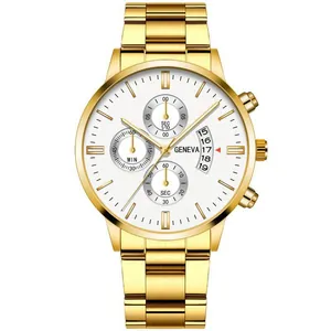 Detail of Geneva gold watch showing chronographs and date window on white dial