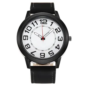 Detail of white watch face with large black numerals and leather strap with gray stitching