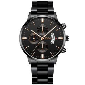 Macro detail of men's business watch featuring a black dial with rose gold indicators