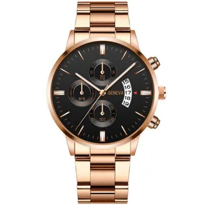 Detailed view of Geneva quartz watch dial with date window and rose gold steel link band