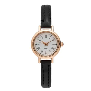 Elegante reloj de cuarzo para mujer con caja redonda de oro rosa y correa de cuero negro