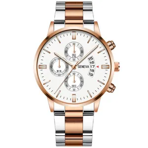 Detail of white dial quartz watch with chronograph sub-dials and date window display