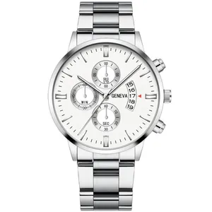 Detailed close-up of white dial quartz watch with chronograph sub-dials and date window