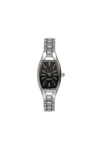 Macro shot of tonneau quartz watch featuring a black dial and silver alloy band