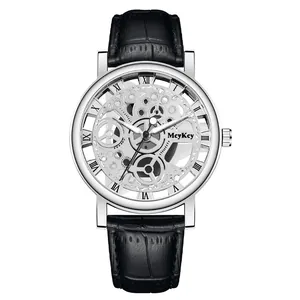 Men's hollow mechanical style quartz watch with silver skeleton dial and black leather strap