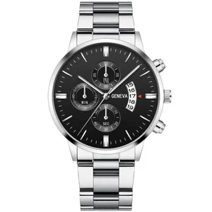 Detailed close-up of a Geneva men's steel watch featuring a black dial and calendar display