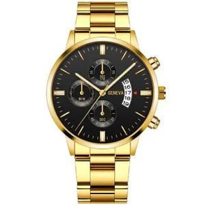 Detail view of gold stainless steel watch band with black dial and date window display