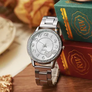 Fashion Women Quartz Watch Rhinestone Bezel Heart Pattern Dial Alloy Link Strap Round Case Elegant Wristwatch Jewelry Gift