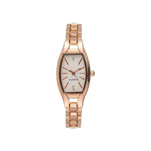Elegant rose gold tonneau-shaped quartz watch with a minimalist metal bracelet strap