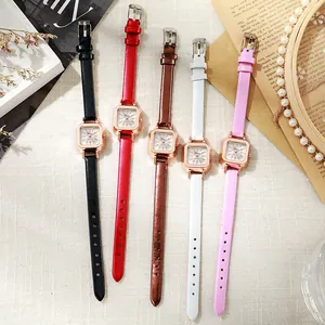 Relojes de cuarzo vintage cuadrados para mujer con correas de cuero en cinco colores