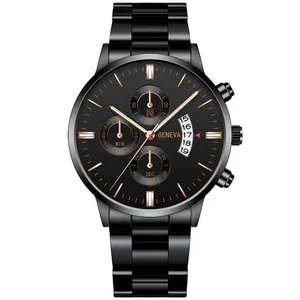 Reloj de cuarzo para hombre en acero negro con índices de oro rosa y ventana de fecha casual