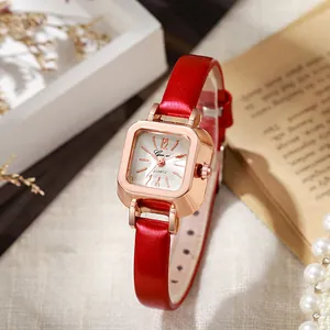 Reloj vintage cuadrado para mujer con correa de cuero roja y caja de oro rosa elegante