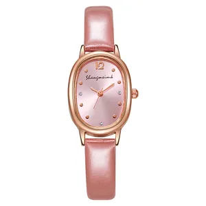 Vintage-Quarzuhr für Damen mit ovalem roségoldenem Gehäuse und rosa Lederarmband