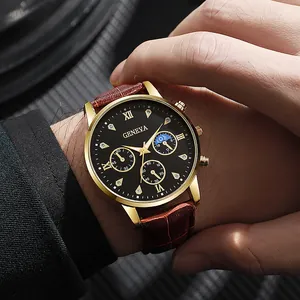 Classic Geneva men's quartz watch with gold case, black dial and brown leather strap