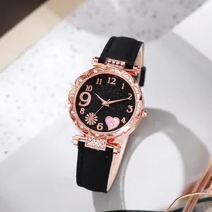 Orologio al Quarzo da Donna alla Moda Quadrante Cielo Stellato Cuore Fiore Strass Cinturino in Pelle PU Cassa Oro Rosa