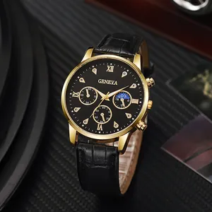Business style men's quartz watch with gold alloy case and black crocodile leather strap