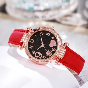 Orologio quarzo donna con cinturino rosso, lunetta a petalo oro rosa e quadrante stellato