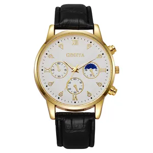 Detailed macro view of Geneva men's watch with golden case, white dial and moon phase