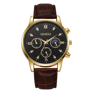 Close-up of Geneva business watch showing gold case, black dial with Roman numerals