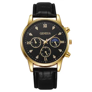 Detail view of the Geneva men's watch featuring a golden case and black dial with Roman numerals