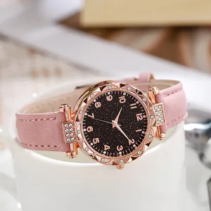 Orologio da Donna alla Moda con Quadrante Stellato Lunetta con Strass Cinturino in Pelle PU Numeri Arabi Orologio da Polso Analogico al Quarzo