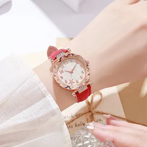 Reloj elegante para mujer con correa de cuero roja y bisel de flores con brillantes rosa