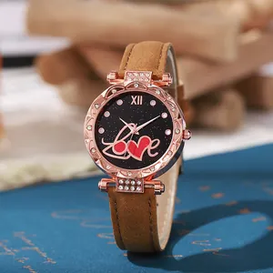 Montre à Quartz Femme Strass Ciel Étoilé Avec Cadran Cœur Love Boîtier Or Rose Bracelet en Similicuir Montre-Bracelet de Mode Cadeau