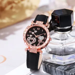 Elegante Damen Quarzuhr mit schwarzem Lederarmband und glitzerndem Herz-Zifferblatt