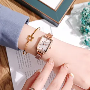 Elegant rose gold square quartz watch for women with marble dial and star bracelet