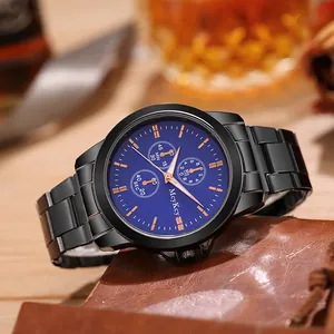 Montre à quartz pour hommes avec bracelet en acier noir et cadran bleu chronographe