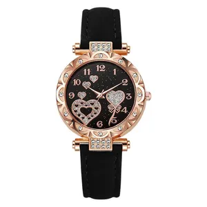 Mode Damen Quarzuhr mit schwarzem Lederarmband und roségoldener Strasslünette