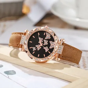 Women Fashion Butterfly Pattern Rhinestone Dial Quartz Watch PU Leather Strap Rose Gold Case Analog Wristwatch Ladies Jewelry Wear