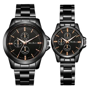 Parure de Montres de Couple Business Mode Bracelet en Acier Inoxydable Noir Montre à Quartz Boîtier en Alliage Affichage Analogique Rond Montre-Bracelet Cadeau Homme Femme