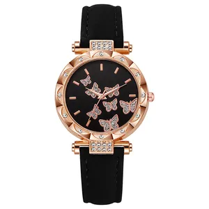 Elegant rose gold butterfly watch with black leather strap and sparkling rhinestones