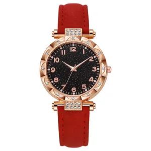 Orologio da donna con cinturino in pelle rossa opaca e quadrante nero effetto stellato