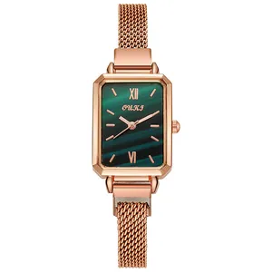 Vintage rectangular rose gold watch with emerald green malachite pattern dial for women