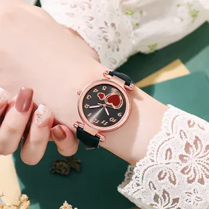 Retro women's watch with heart-shaped dial, rose gold case and black leather strap