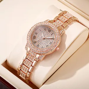 Luxury Women Rhinestone Watch Roman Numerals Quartz Movement Alloy Strap Jewelry Clasp Fashion Dress Wristwatch Gift Ladies