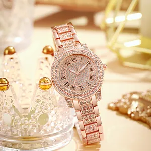 Close-up of luxury rose gold watch with full diamond inlay and Roman numerals