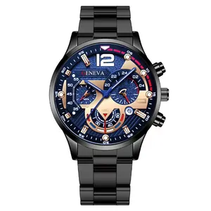 Detail of Geneva men's watch featuring a blue dial with rose gold hands and calendar window