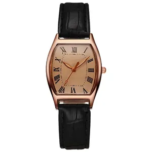 Retro tonneau women's watch with rose gold case and black leather strap in 2024 style