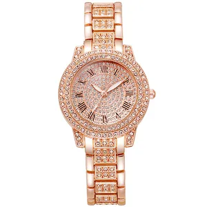 Luxury rose gold women's watch with full diamond settings and Roman numeral dial