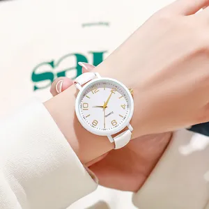 Classic white leather quartz watch with gold alloy case and Arabic numerals for women