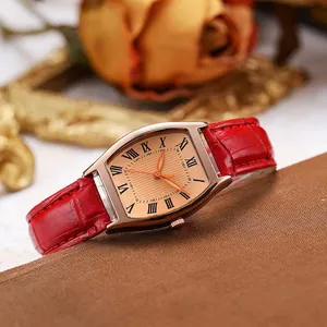 Vintage tonneau quartz watch for women with burgundy leather strap and Roman numerals