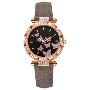 Elegante Roségold-Schmetterlingsuhr mit Steinchen und taupefarbenem Lederband