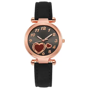Retro mini heart watch for women with rose gold case and black leather strap