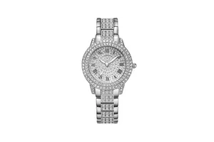 Macro view of crystal-encrusted bezel and silver Roman numeral dial on a ladies watch