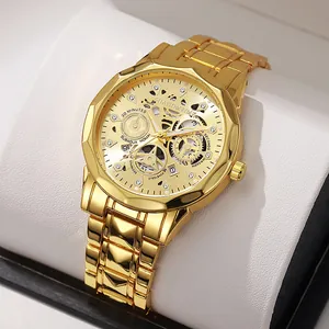 Luxury gold skeleton men's business watch with luminous hands and polygonal metal case
