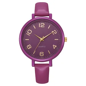 Detail of vintage purple leather strap watch with gold numeric markers and quartz dial